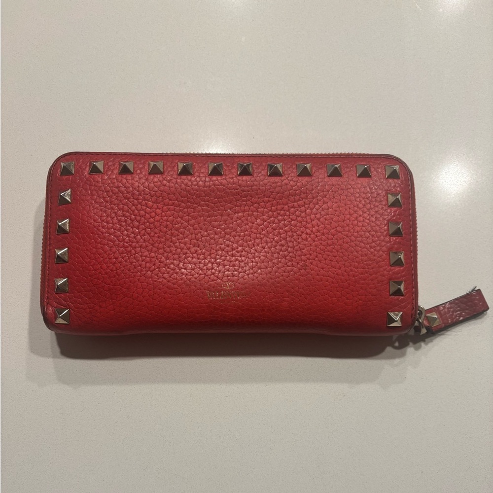 Valentino Rockstud Red Studded Zip-Around Leather Wallet